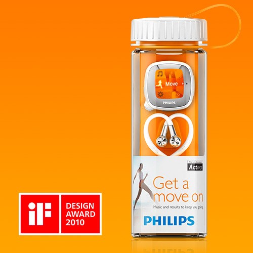 Graphic design and packaging designed for a Philips music player and headphone product which won the iF Award 2010.