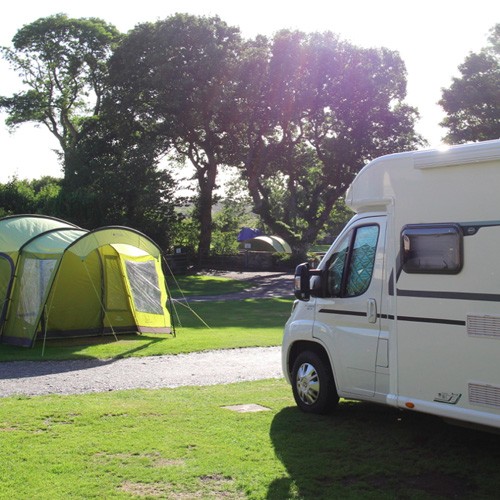View across campsite pitch while parked to work on some graphic design.