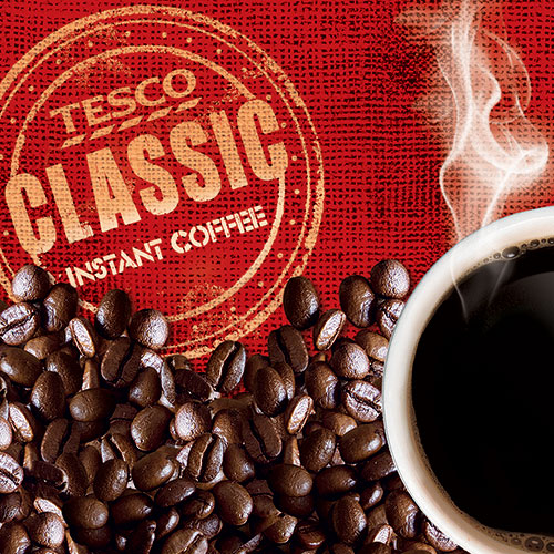 Tesco Instant coffee packaging and graphic design example